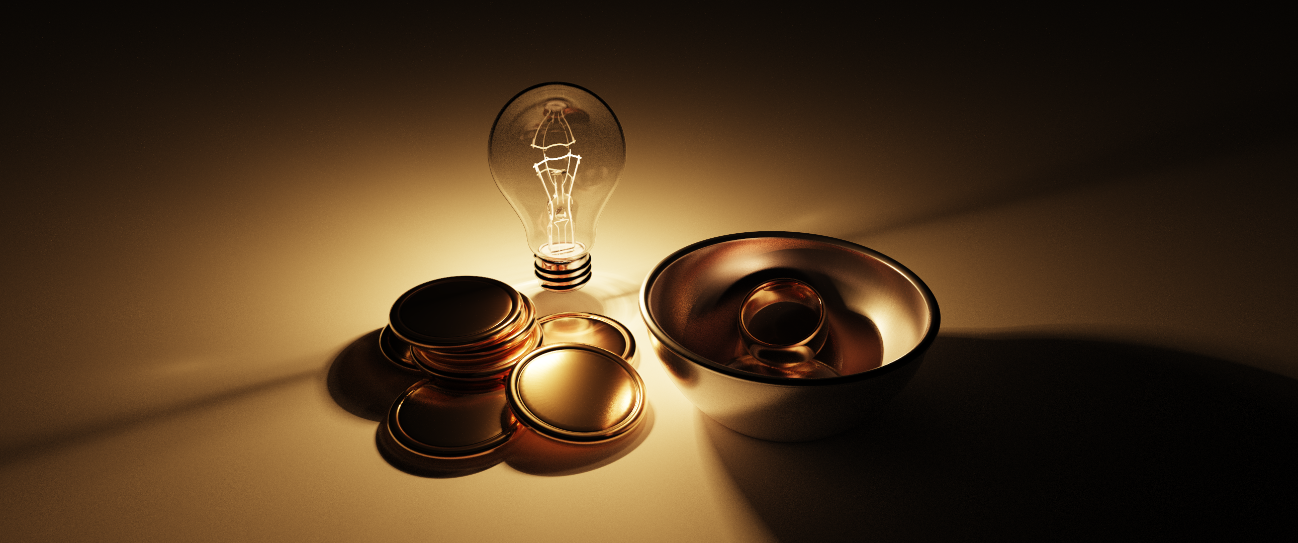 a lightbulb illuminating a bowl with a ring in it, and some coins